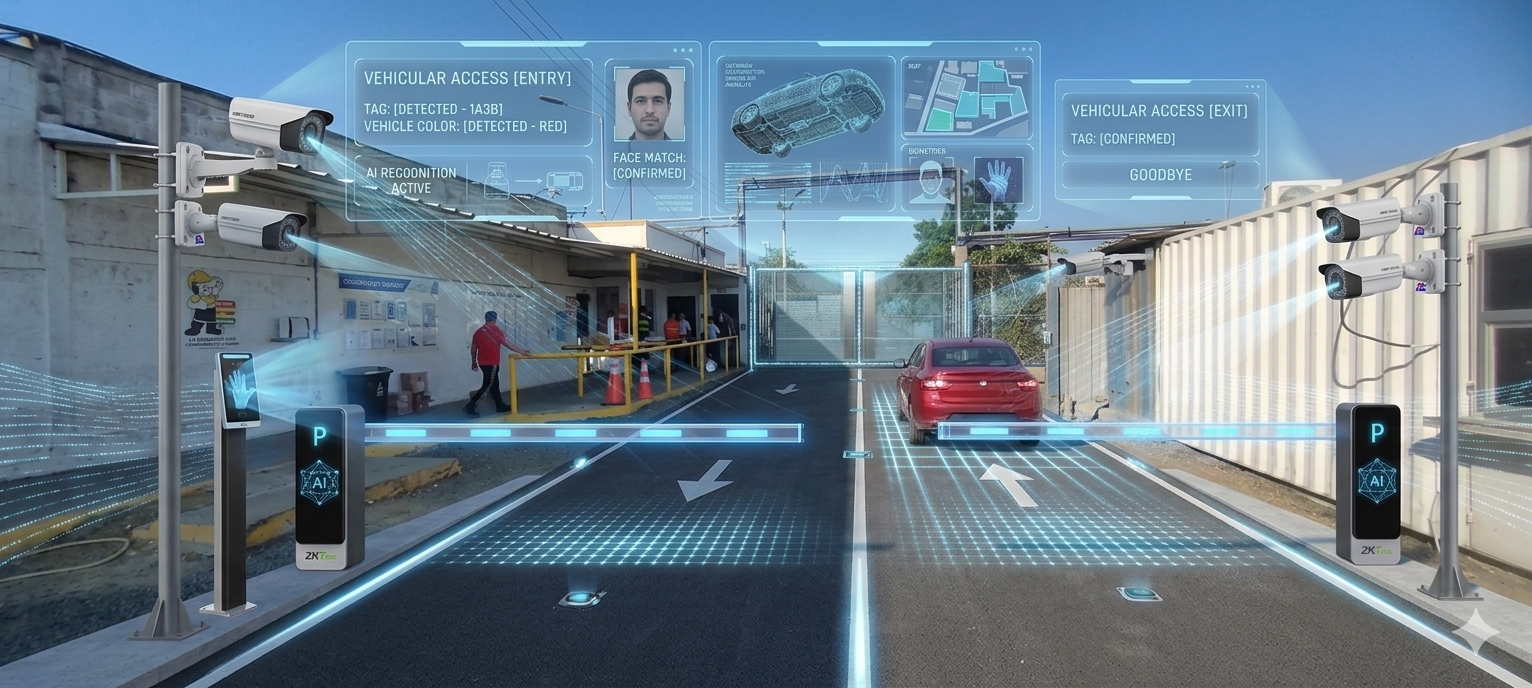 Escena de control vehicular con IA, LPR y reconocimiento facial
